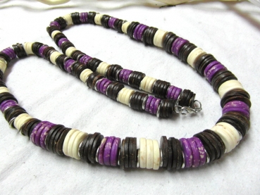 Kokosscheiben und Knochenscheiben 14-20mm, braun-lila-weiß, Kette ca. 100cm lang