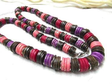 Kokosscheiben und Knochenscheiben 14-20mm, braun-lila-lachs, Kette ca. 100cm lang